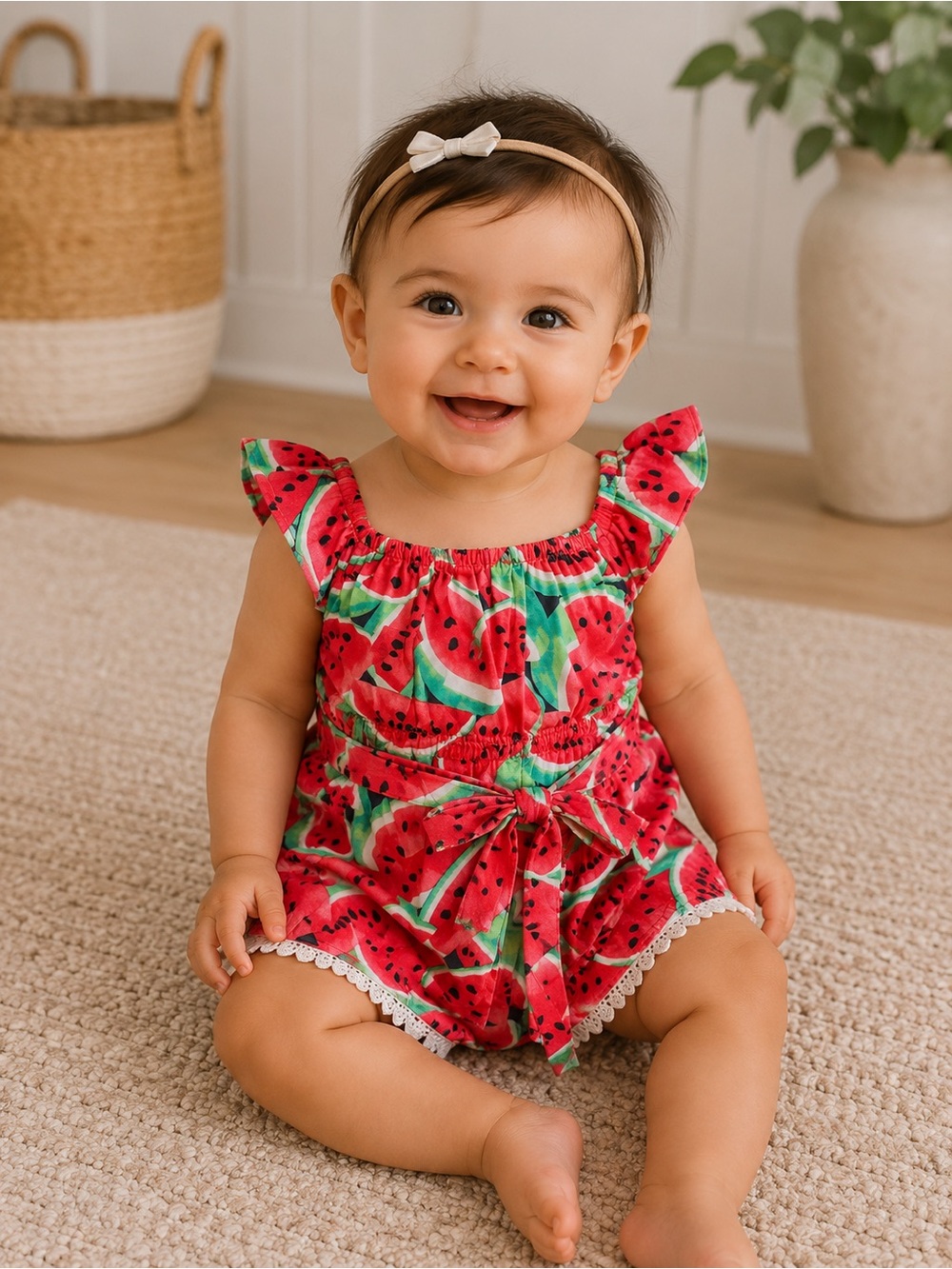 Baby Watermelon Print Romper - Pink & Green 6-12 m